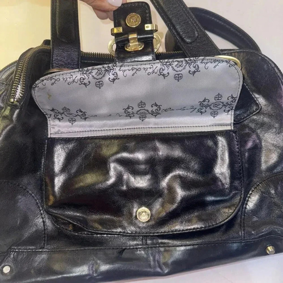 Kate Landry Luxury Classic Designer Multi Pocketed Buckle Black Leather Handbag - Picture 8 of 15